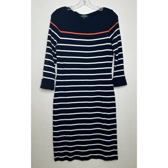 Lauren Ralph Lauren Dress Large Navy Orange Striped Nautical Preppy Capsule L - Picture 1 of 12